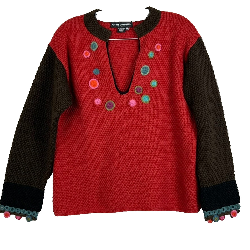 Little Journeys Chicago Knit Sweater Women's Size M Alpaca Wool Blend Red V Neck